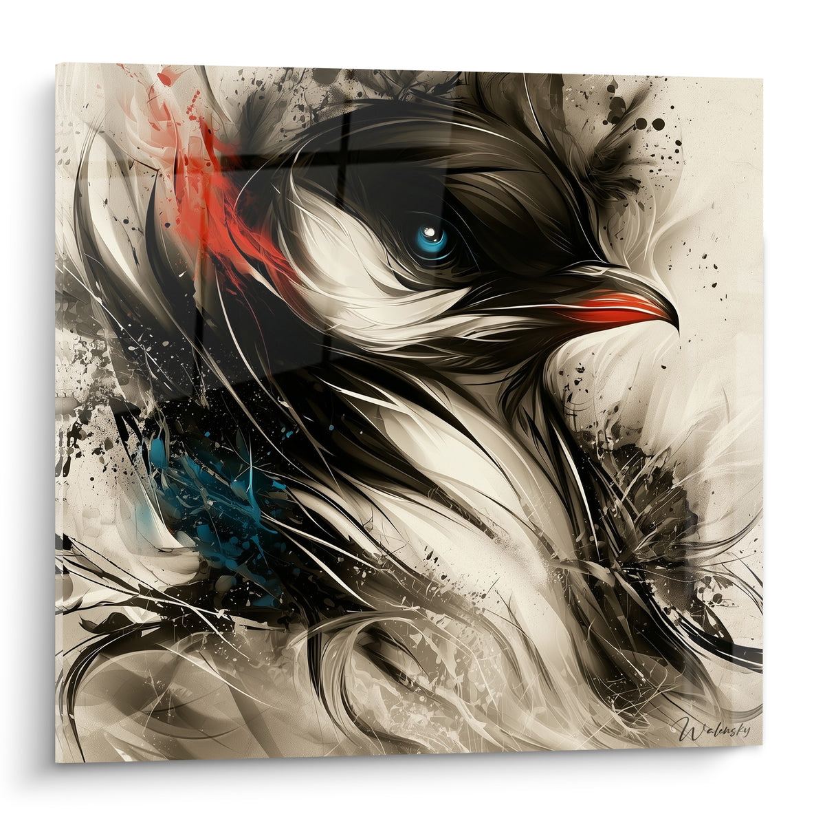 Pingouin au regard bleu électrique, plumage noir et blanc traité en touches d'encre et rouge vermillon