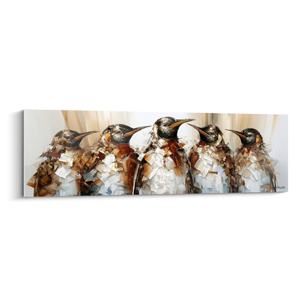 Tableau Cinq pingouins ocre et blanc empâtés - Conciliabule complice - Edition Pingouin