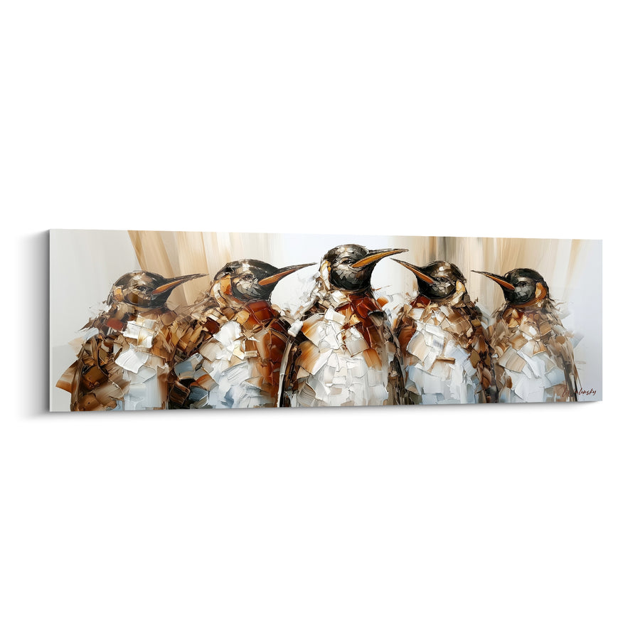 Tableau Cinq pingouins ocre et blanc empâtés - Conciliabule complice - Edition Pingouin