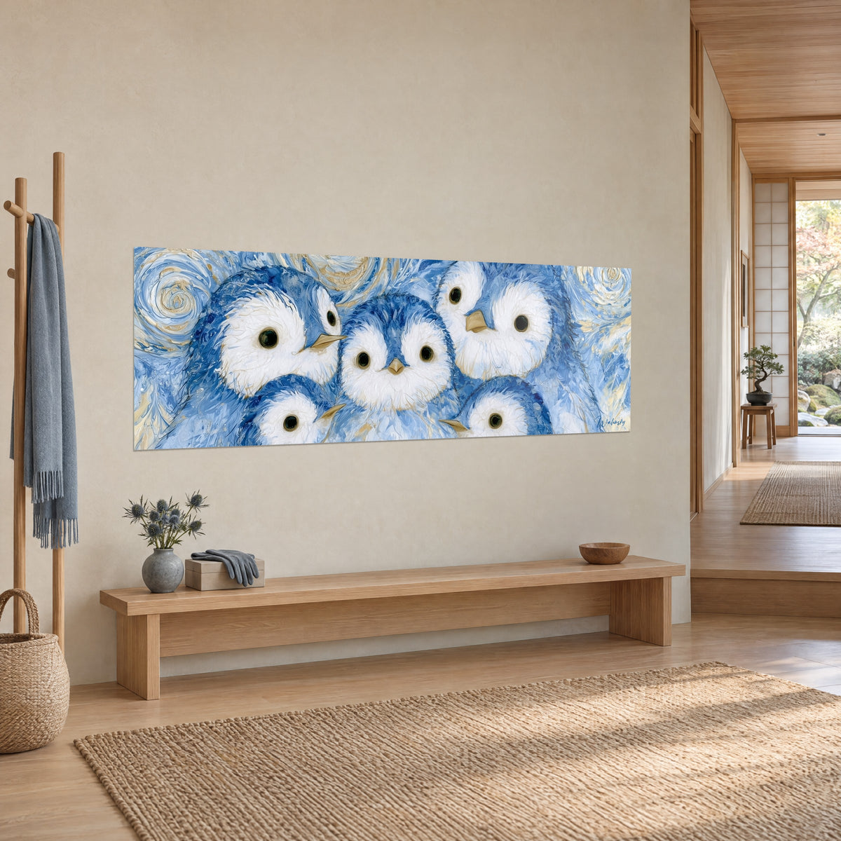 Tableau cinq oisillons aux yeux ronds et noirs, plumes bleu cobalt et blanc crème, couloir et banc de bois clair
