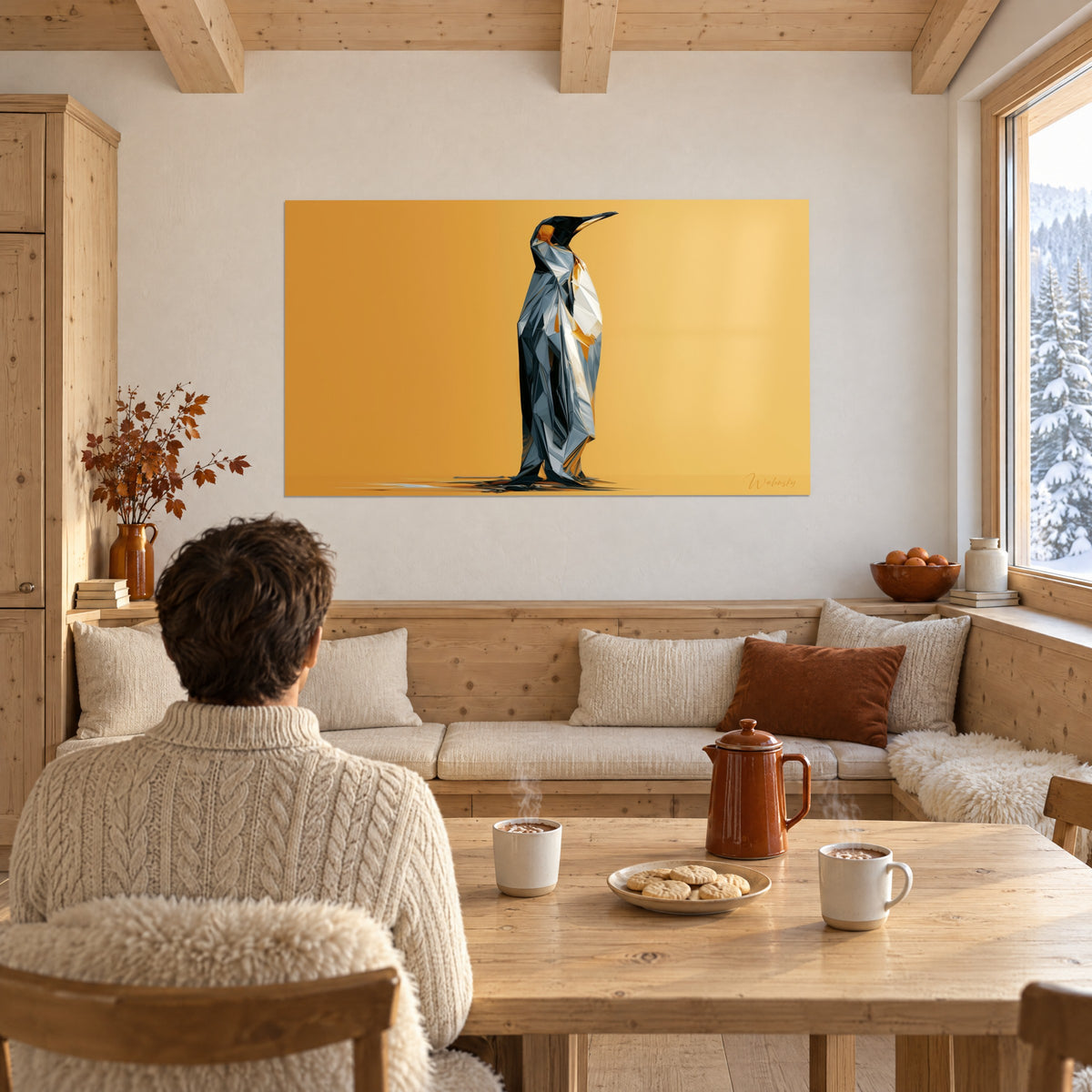 Tableau manchot cubiste à reflets métalliques argentés et noirs, fond orangé lumineux, couple de dos près d'une table en bois, chalet