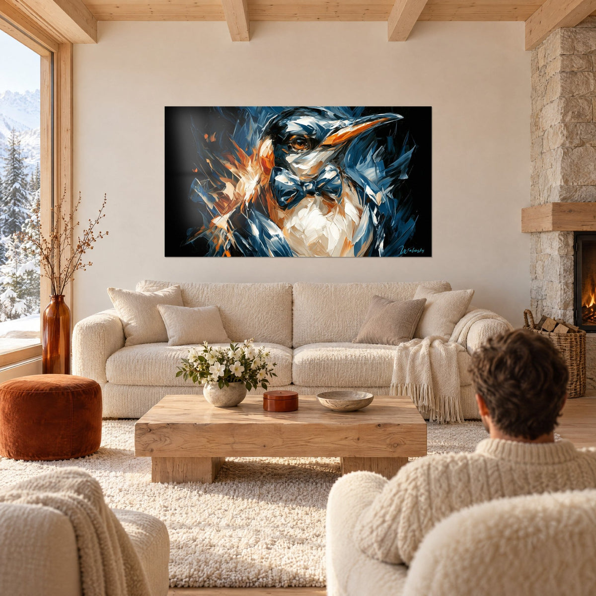 Wall art elegant penguin in a navy bow tie, cream belly and orange beak, hung above a sofa in a bright living room