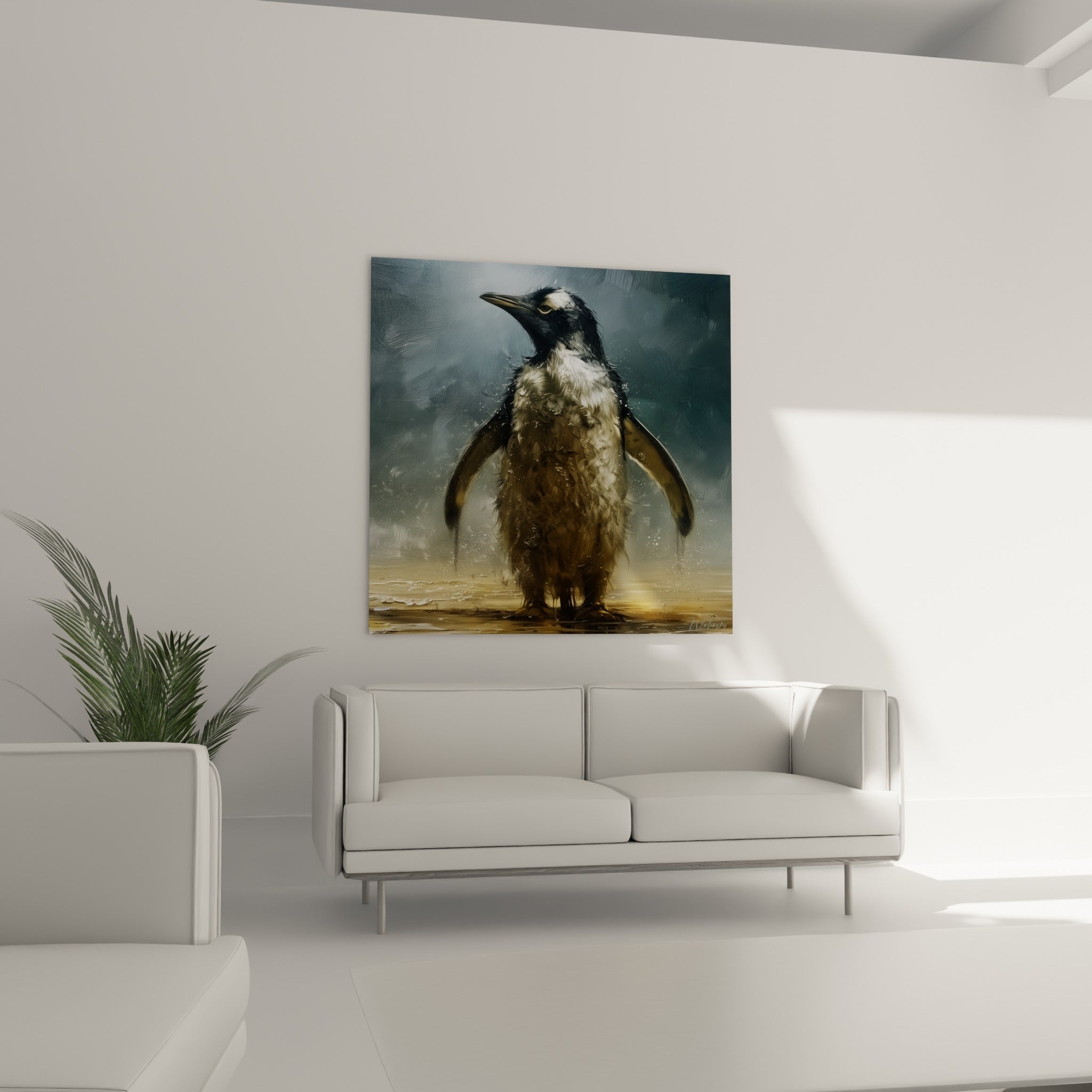 Oiseau polaire doré aux ailes déployées, plumage ruisselant anthracite, au-dessus d'un canapé dans un salon lumineux