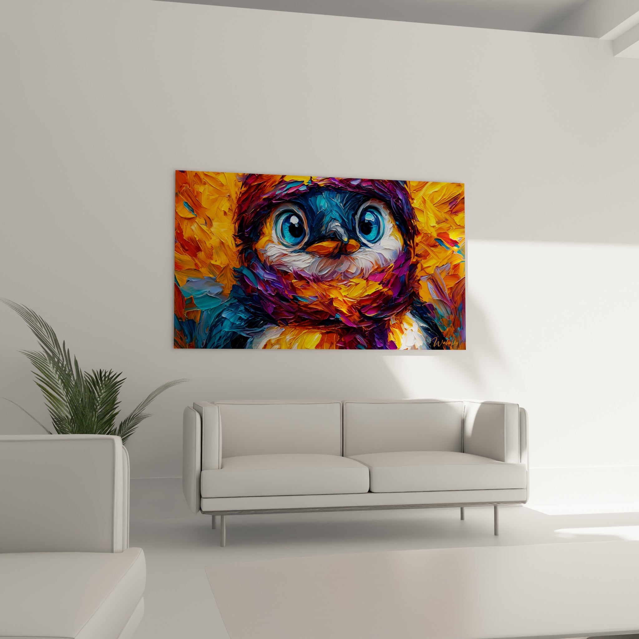 Regard bleu turquoise du pingouin sur fond ocre et pourpre, disposé au-dessus d'un canapé dans un salon lumineux