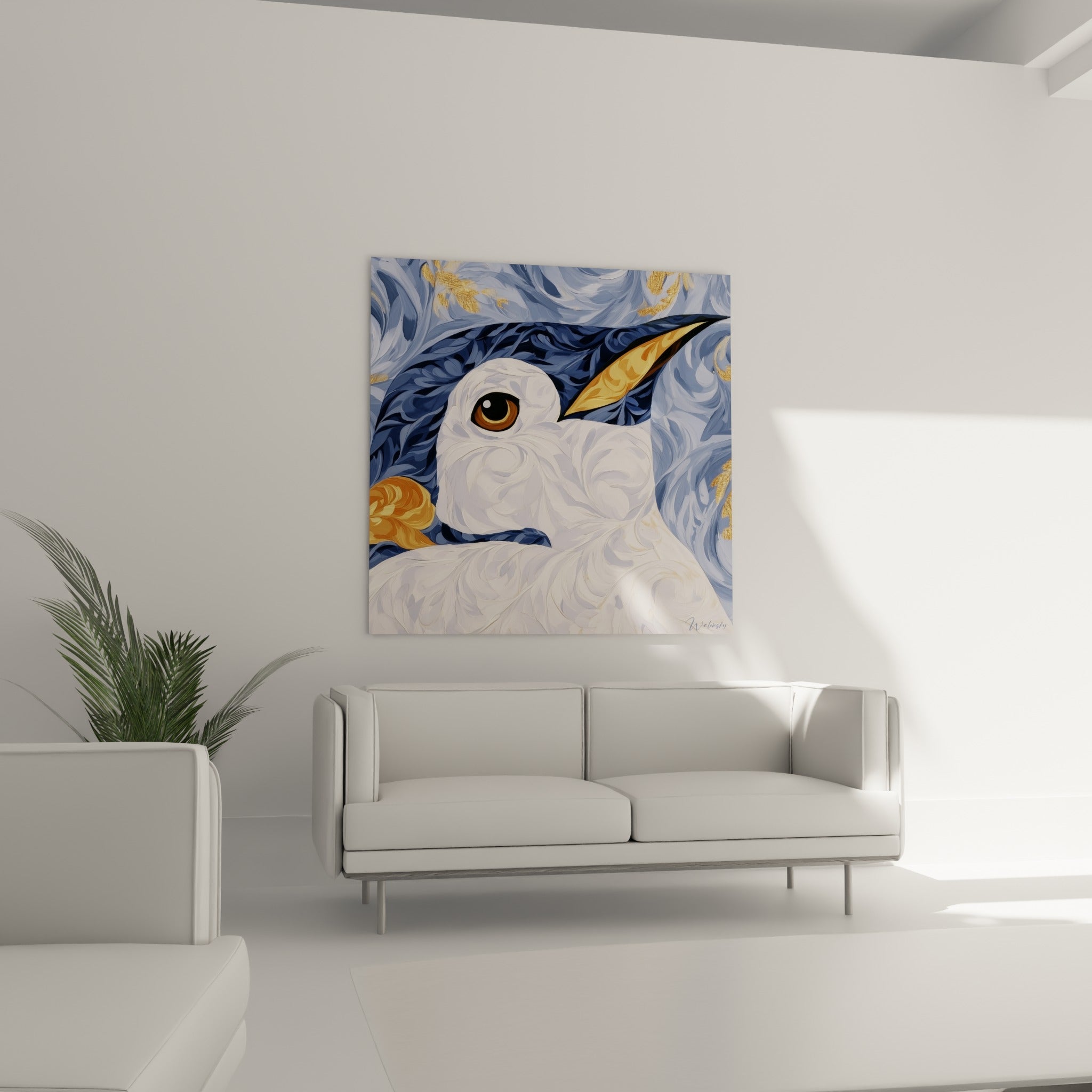 Œil ambré du pingouin entouré de blanc et bleu ardoise, disposé au-dessus d'un canapé dans un salon lumineux