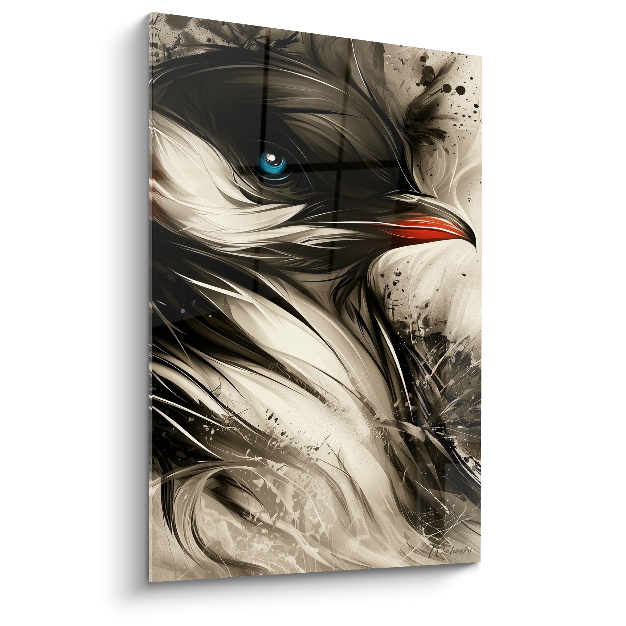Pingouin en gros plan graphique, œil bleu perçant et bec orangé sur fond anthracite éclaboussé d'encre
