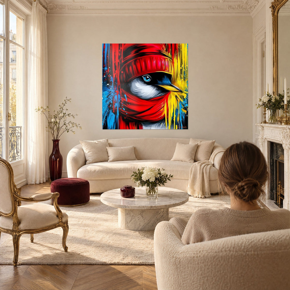 Schilderij pinguïn met rode muts, felblauw oog, gele en rode druipsporen, boven een bank in een lichte woonkamer