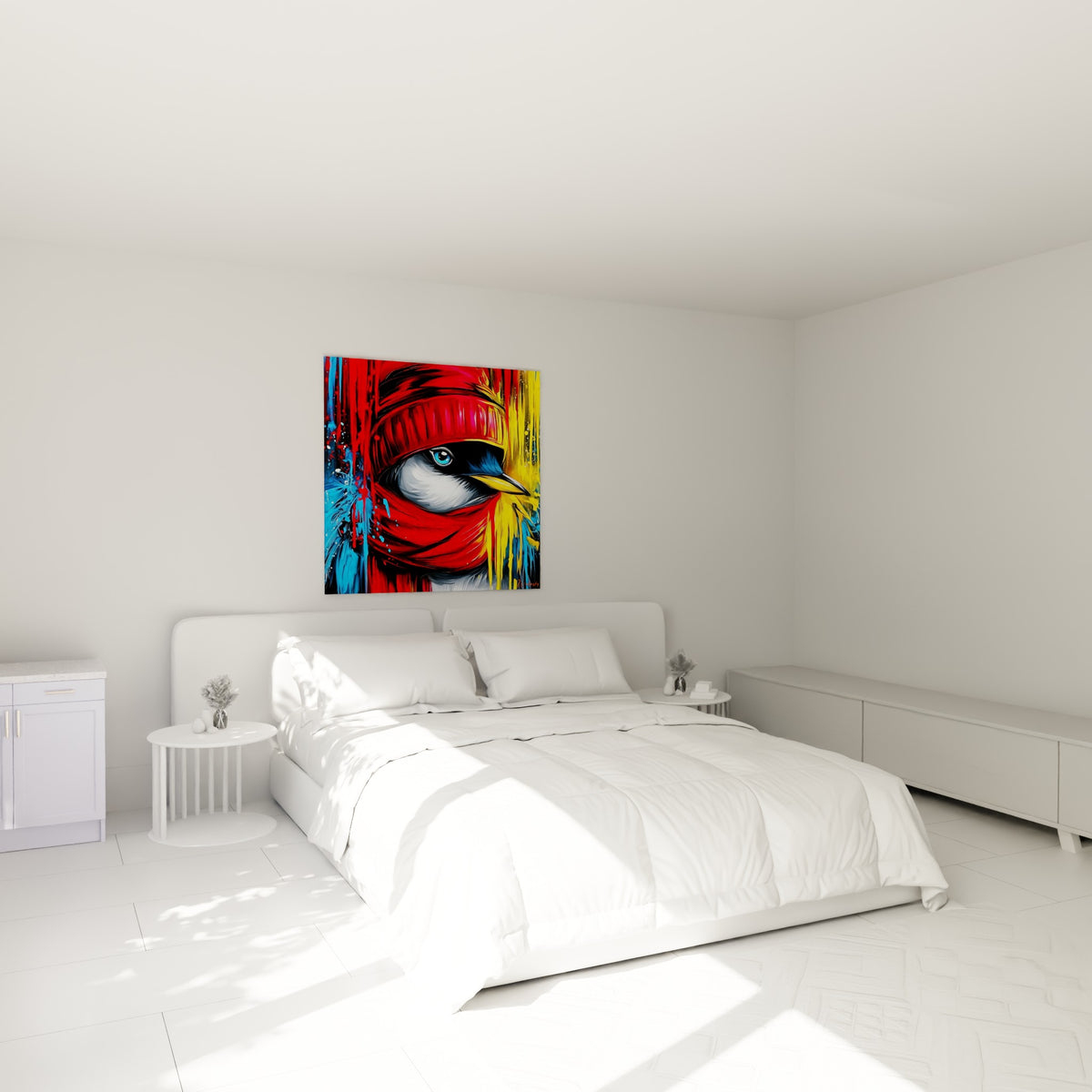 Pingouin emmitouflé dans un bonnet rouge, plumage noir et blanc, accroché au-dessus d'un lit dans une chambre claire