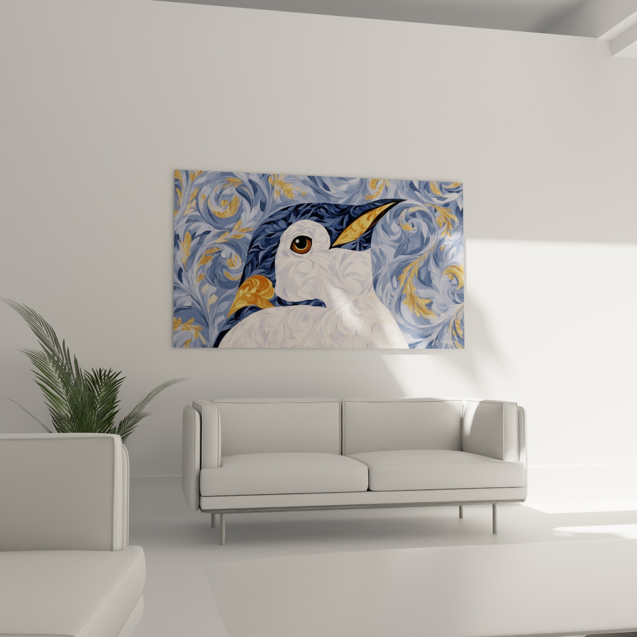Œil doré du Pingouin surplombant un canapé dans un salon lumineux et épuré