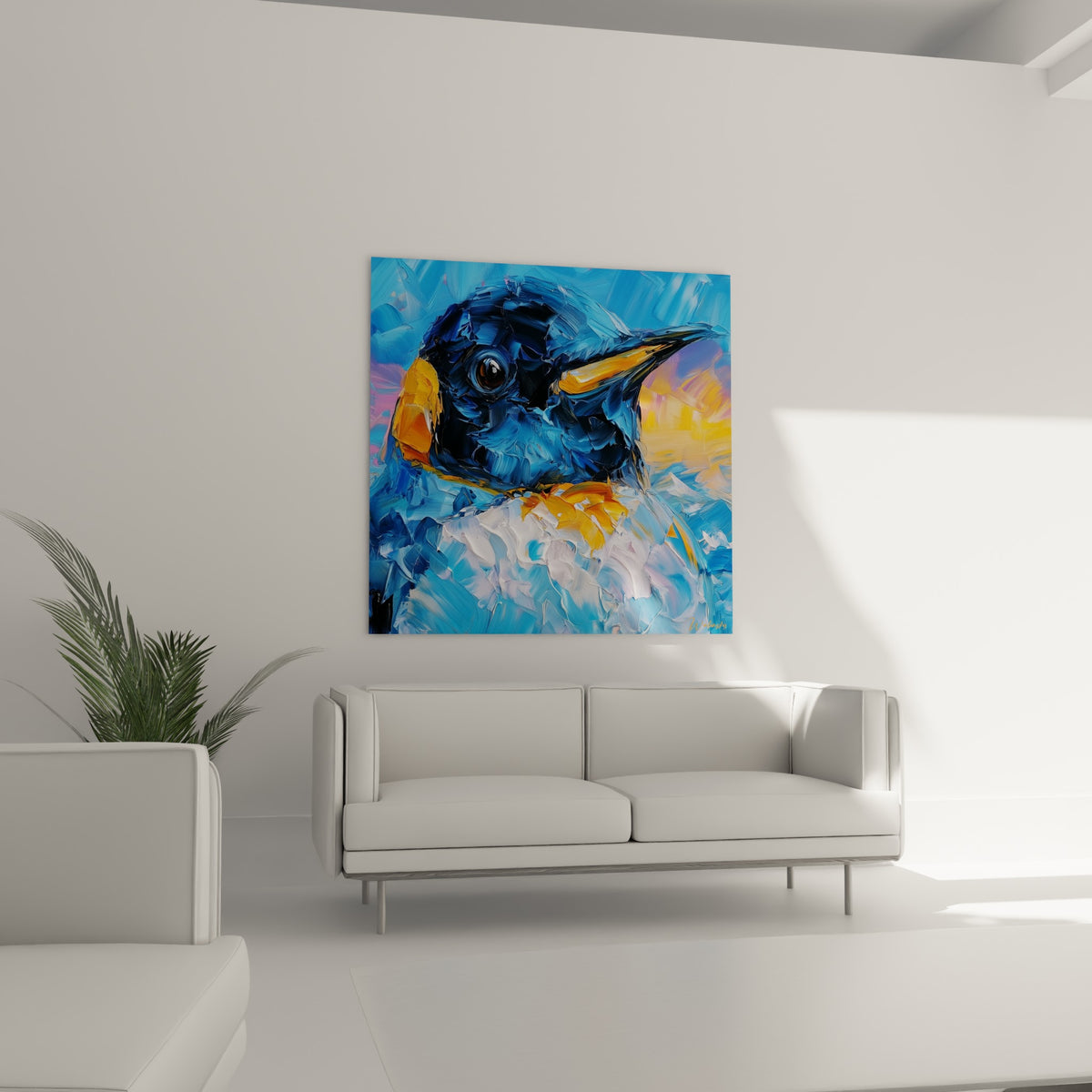 Œil sombre de pingouin cerné de bleu profond et de touches blanches, au-dessus d'un canapé dans un salon lumineux