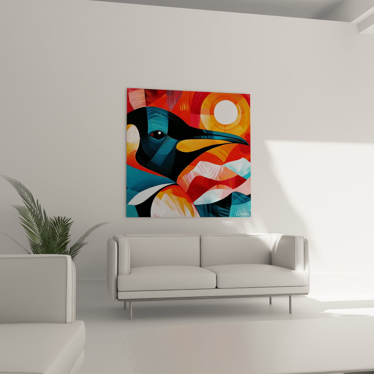 Œil noir cerclé de blanc et plumage bleu marine du pingouin, au-dessus d'un canapé dans un salon lumineux.
