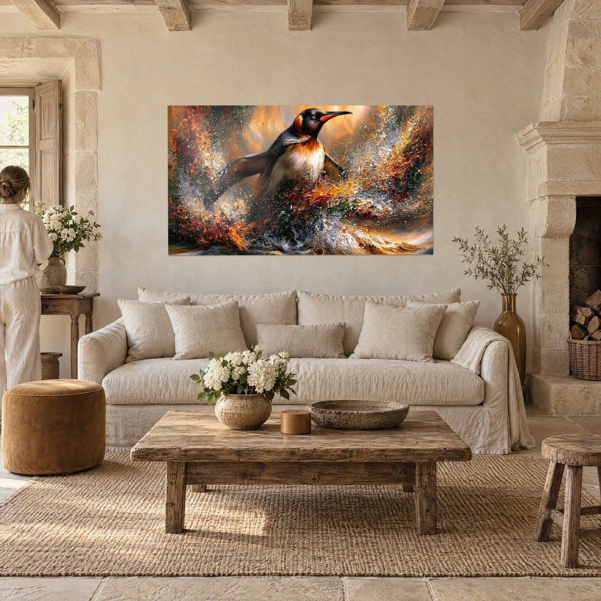 Wall art king penguin leaping from an orange and green wave, amber beak, above a sofa in a bright living room