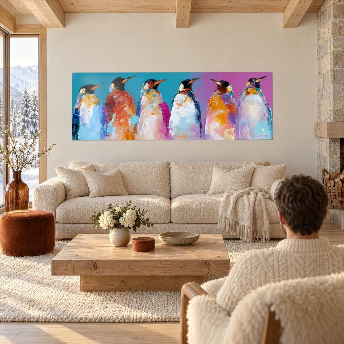 Schilderij zes pinguïns op een rij, crèmewitte buiken en fel oranje ruggen op een turquoise en magentakleurige achtergrond, boven een bank in een lichte woonkamer