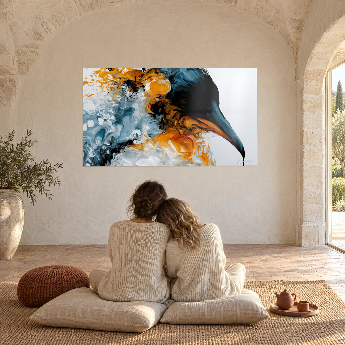 Tableau profil d'oiseau noir au long bec fondu dans des marbrures turquoise grisé et cuivre, face à un couple assis au sol