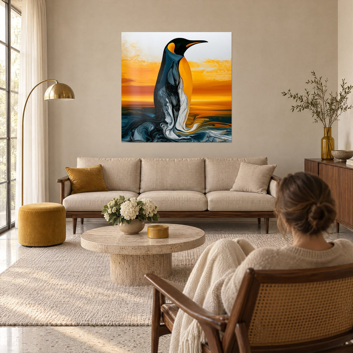 Gemälde Kaiserpinguin mit geschwungenen Schwüngen in Nachtblau und goldenem Ocker vor einem Sonnenuntergangshorizont, über einem Sofa in einem hellen Wohnzimmer