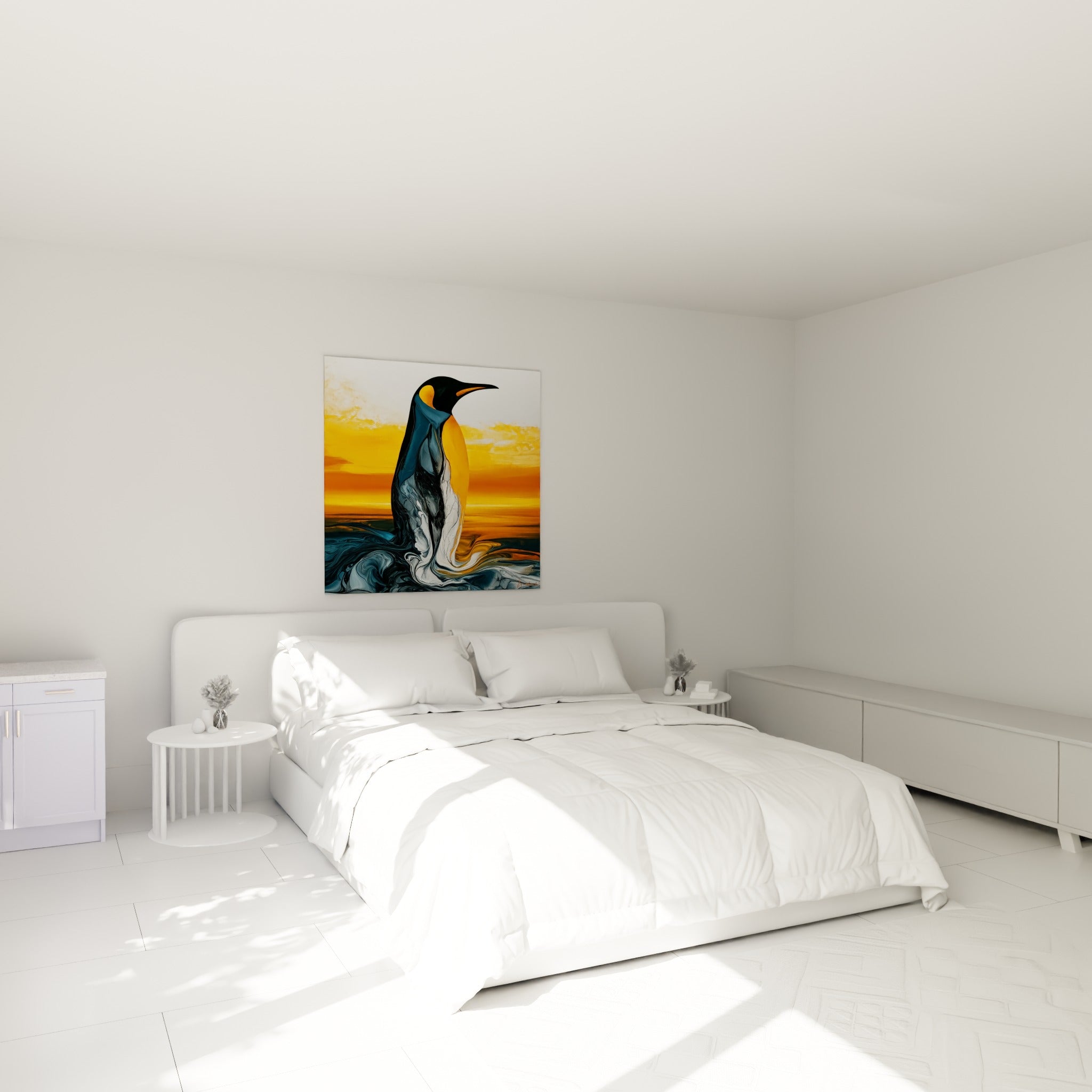 Silhouette de pingouin orange et noir aux textures liquides, accrochée au-dessus d'un lit dans une chambre claire