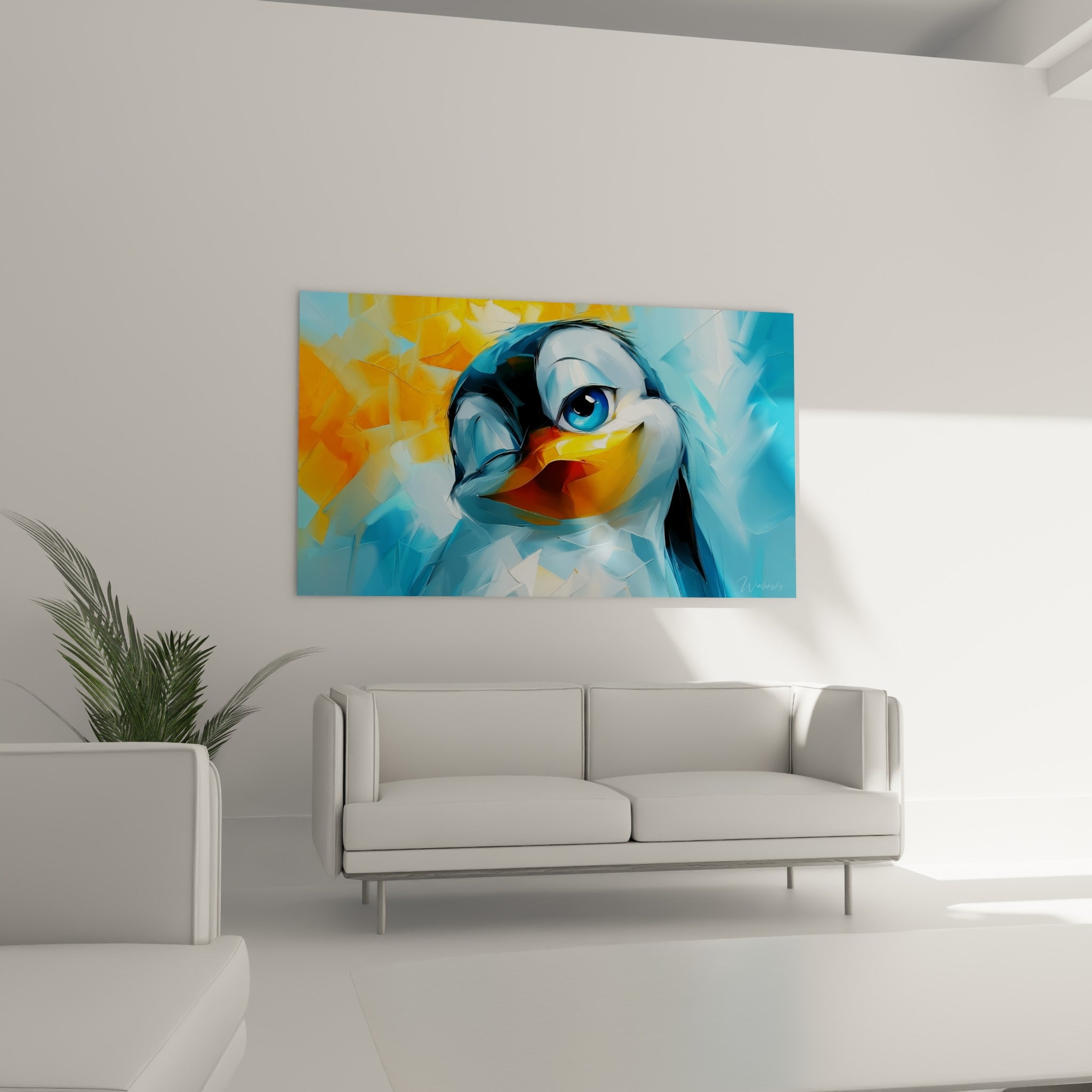 Portrait de pingouin bleu pastel et orange ocre, disposé au-dessus d'un canapé dans un salon lumineux