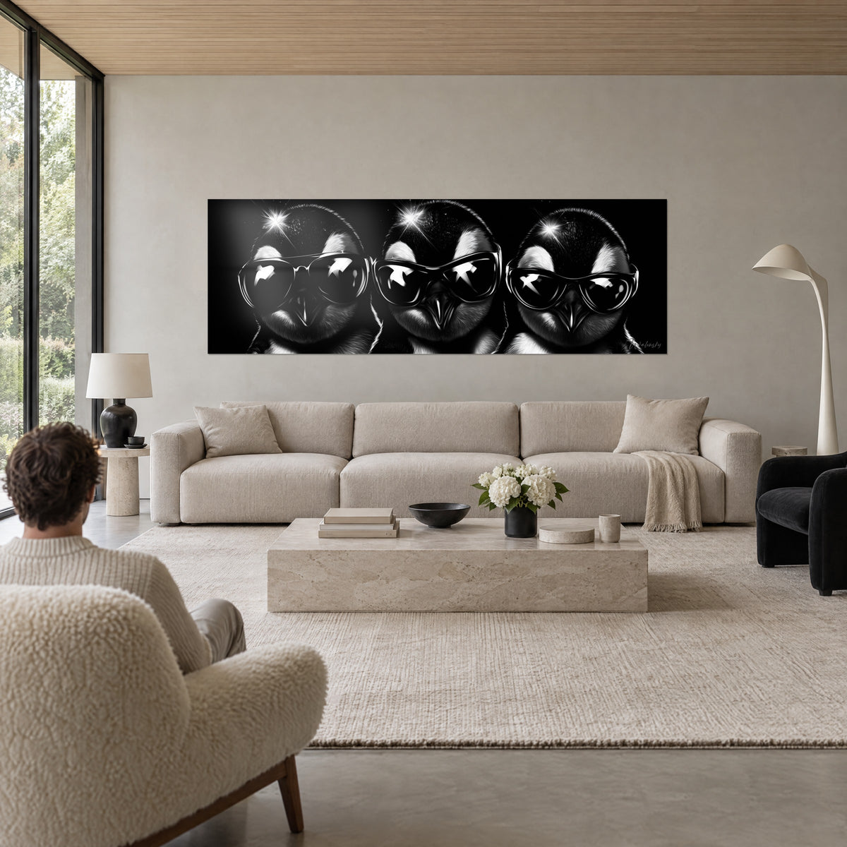Cuadro trío de pingüinos con gafas de aviador, plumaje blanco y negro, estrellas brillantes, sobre un sofá en un salón luminoso