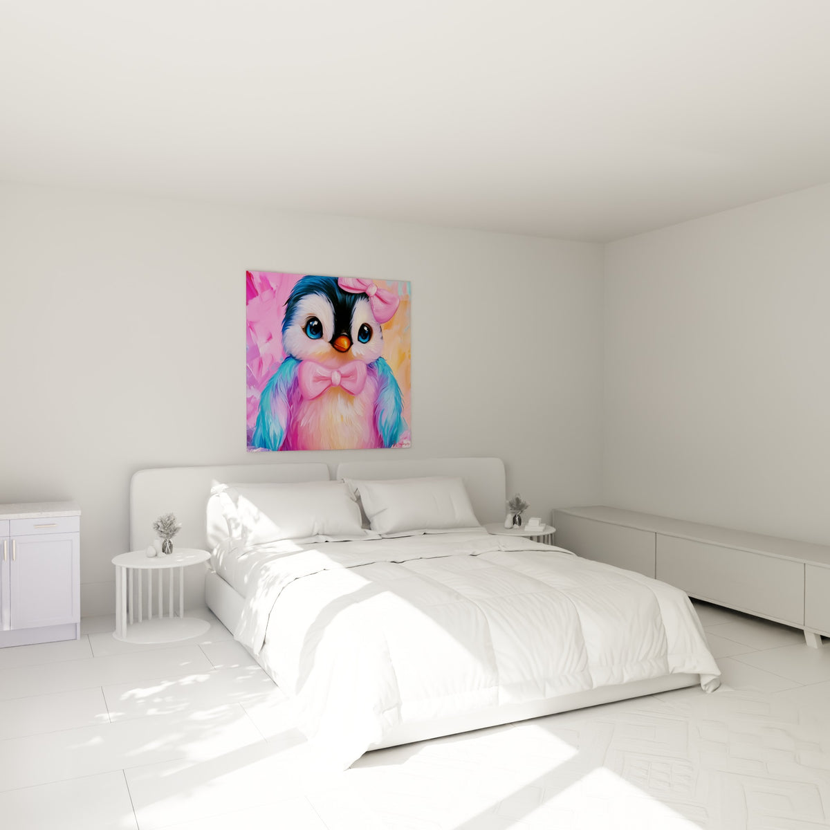 Bébé pingouin coloré aux teintes roses et turquoise, accroché au-dessus d'un lit dans une chambre claire