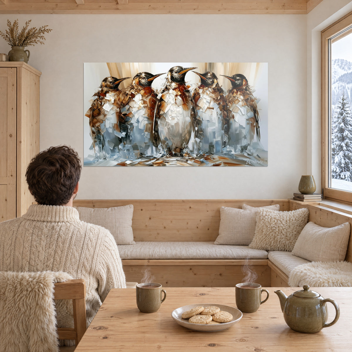 Tableau rangée de pingouins au dos brun foncé et ventre blanc nacré, peinture empâtée, salon de chalet boisé