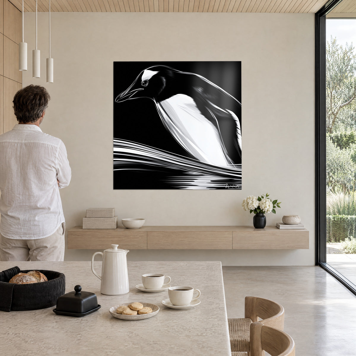 Tableau silhouette de pingouin glissant, plastron blanc nacré sur fond noir, lignes d'écume, face à une grande baie vitrée