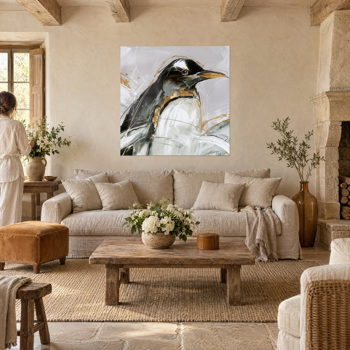 Gemälde Kaiserpinguin mit goldenem Schnabel, schwarz-weißes Gefieder mit cremigem Weiß, zwei Personen von hinten über einem Sofa in einem hellen Wohnzimmer