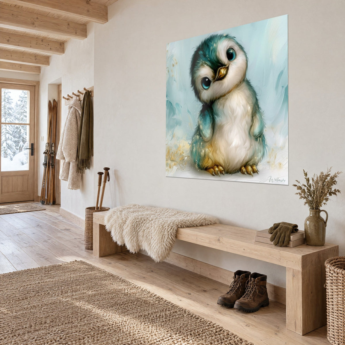 Gemälde Pinguinküken mit großen türkisfarbenen Augen, elfenbeinfarbener Bauch und goldene Füße, Dreiviertelansicht in einem Chalet aus hellem Holz
