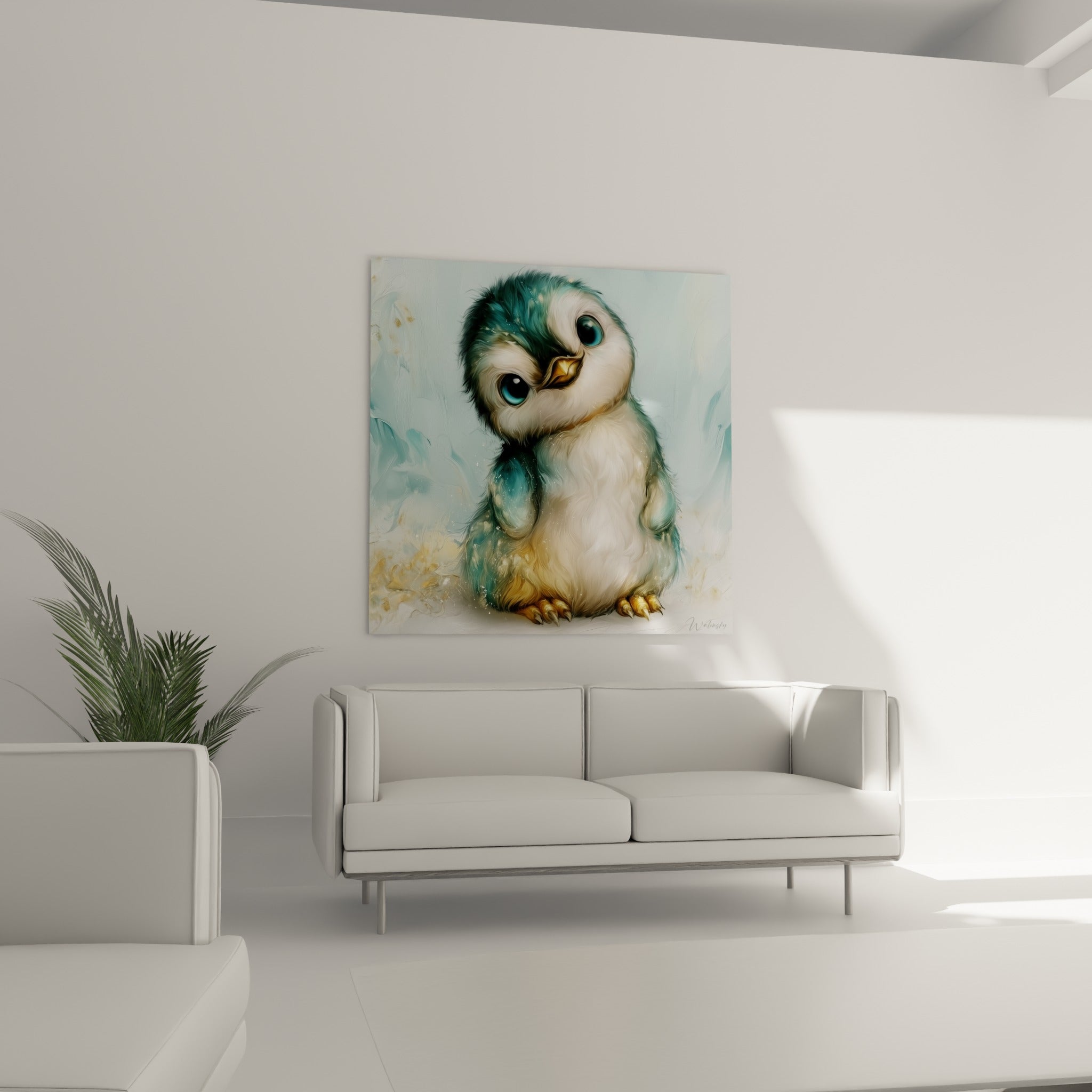Petit pingouin au plumage bleu pastel et doré, regard attendrissant, au-dessus d'un canapé dans un salon lumineux