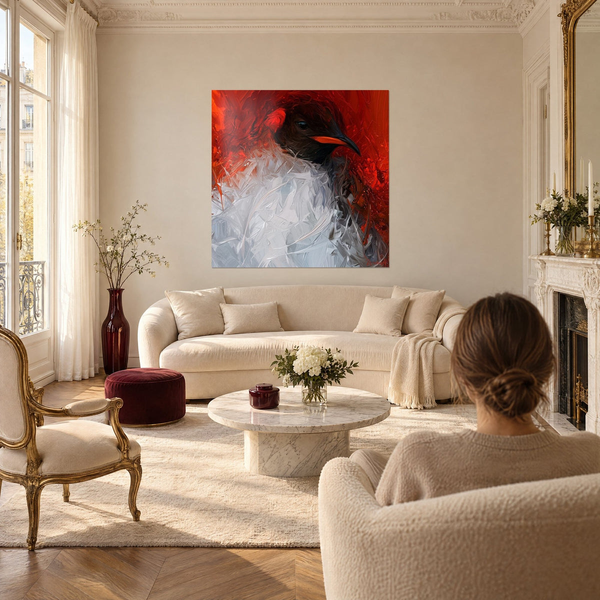 Wall art penguin with an orange beak against a fiery red background and white plumage, two people seen from behind, above a sofa in a bright living room