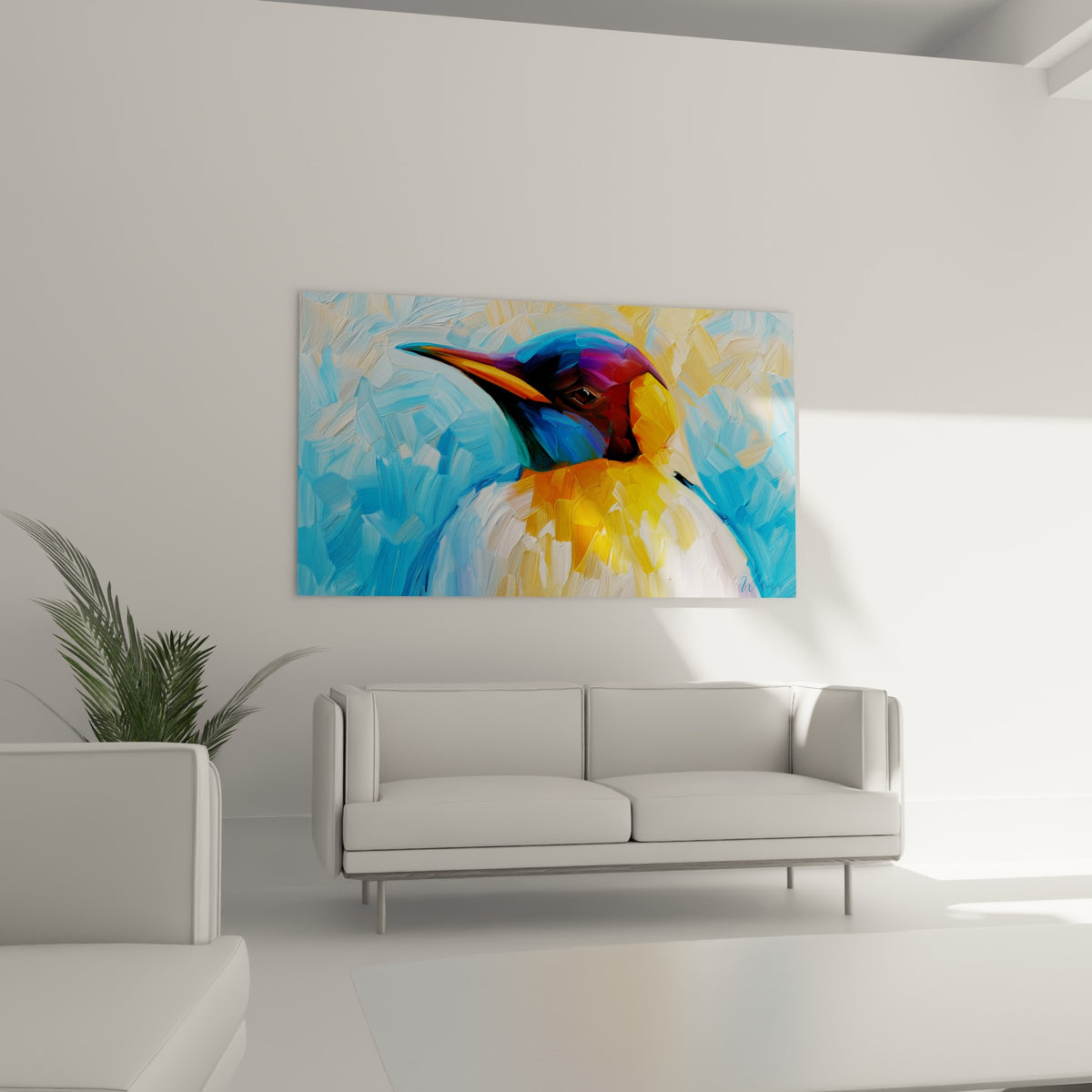 Pingouin doré au bec orangé et fond bleu glacé, placé au-dessus d'un canapé dans un salon lumineux