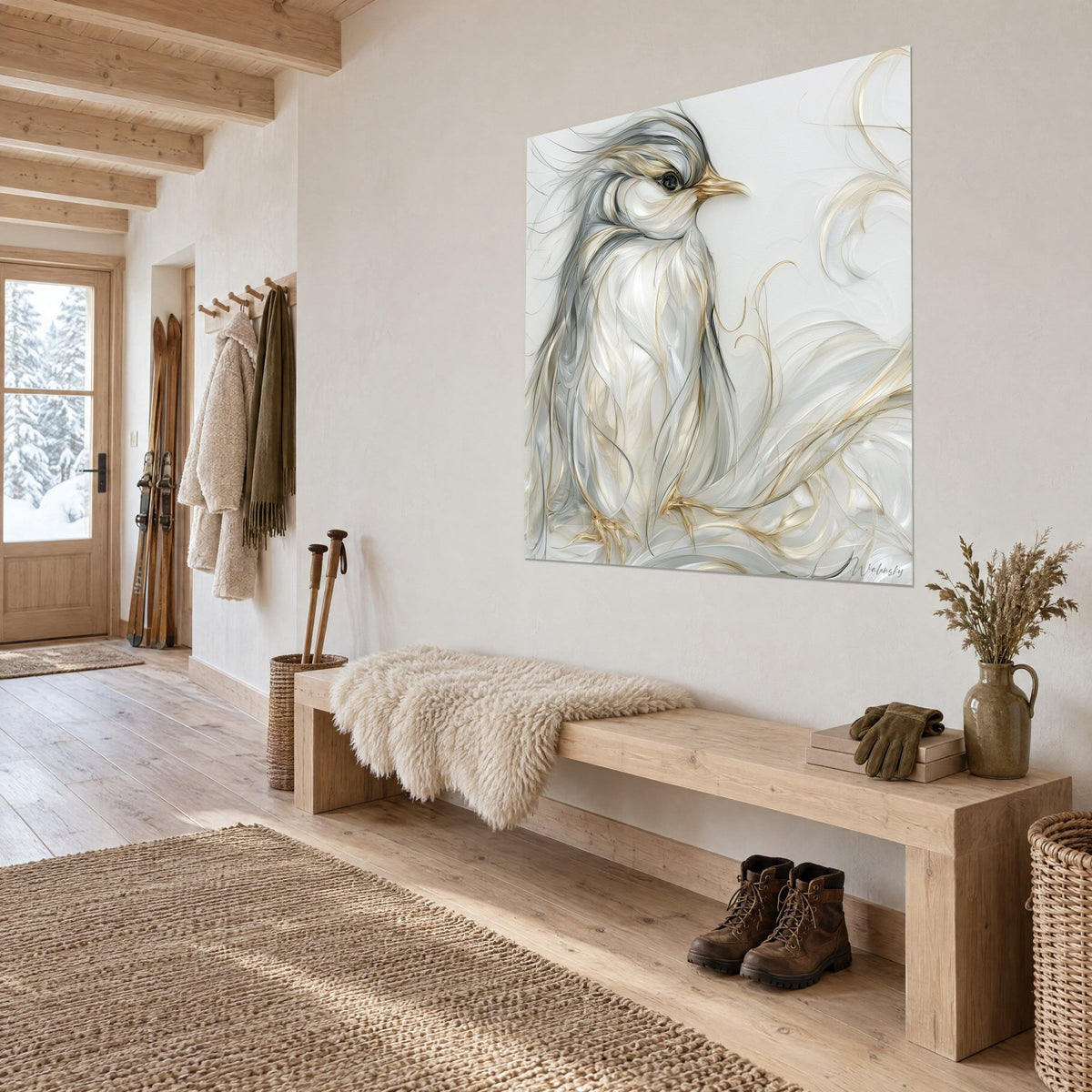 Gemälde Pinguin mit elfenbeinfarbenen und goldenen Strähnen, dreiviertel angeschnitten über einer Bank aus hellem Holz, Chalet-Eingang