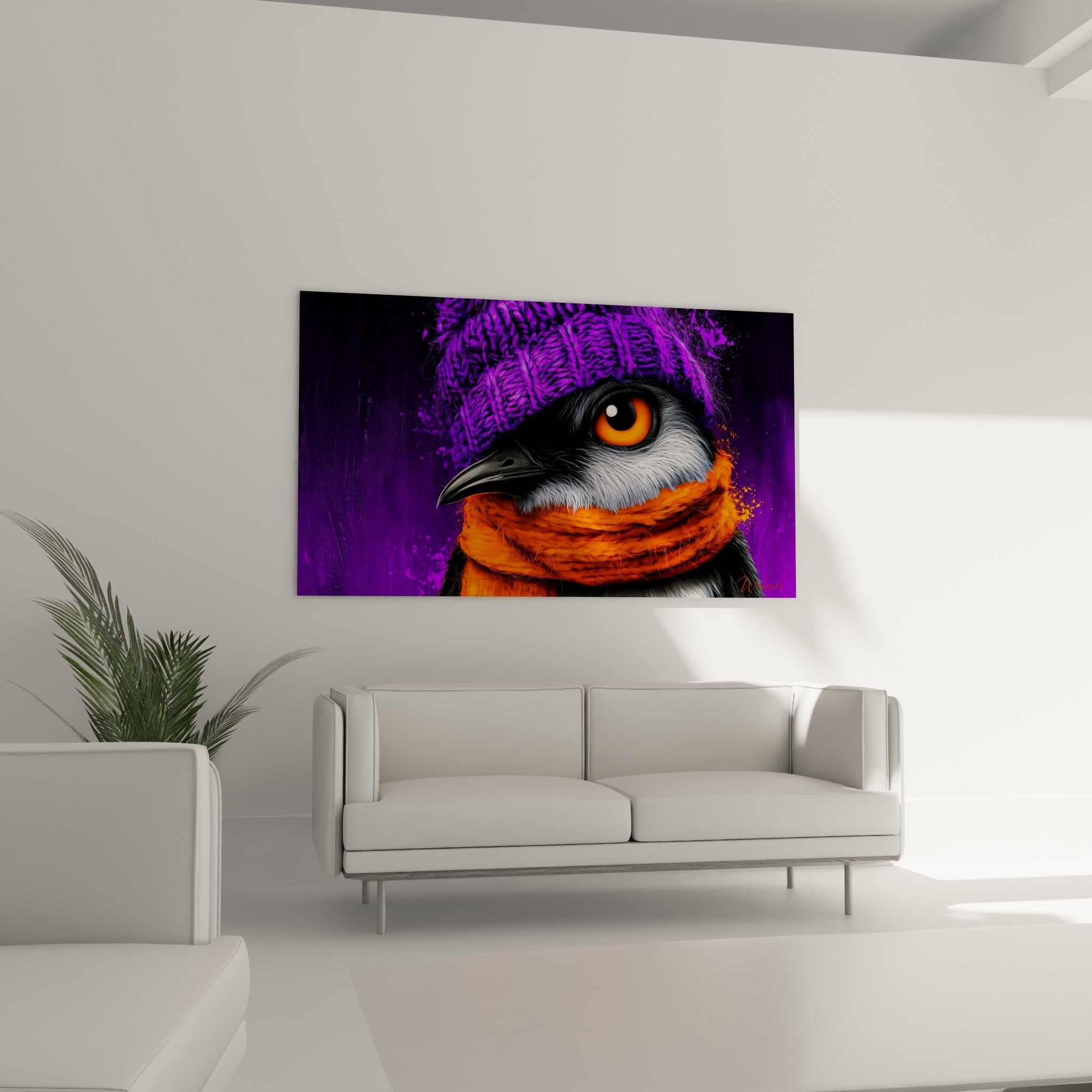 Oiseau au plumage gris et œil orange perçant, bonnet violet, au-dessus d'un canapé dans un salon lumineux