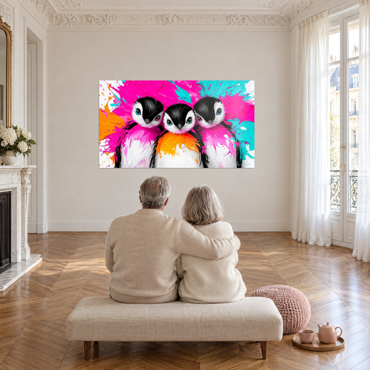 Wall art trio of playful penguins with black heads, neon pink and turquoise splashes, white wall of a large Parisian living room with herringbone parquet