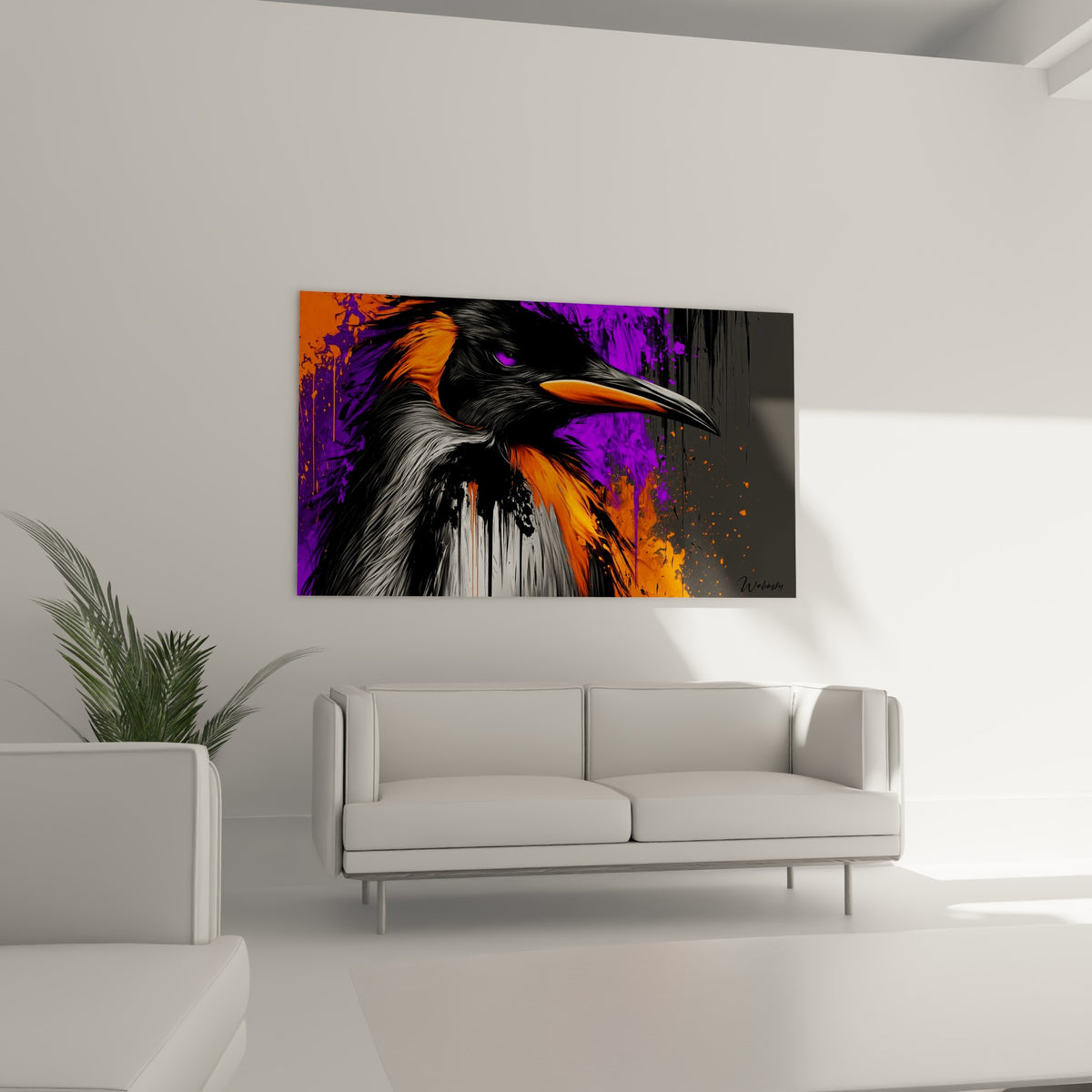 Plumage noir et blanc détaillé du pingouin, coulures violettes en arrière-plan, au-dessus d'un canapé dans un salon lumineux