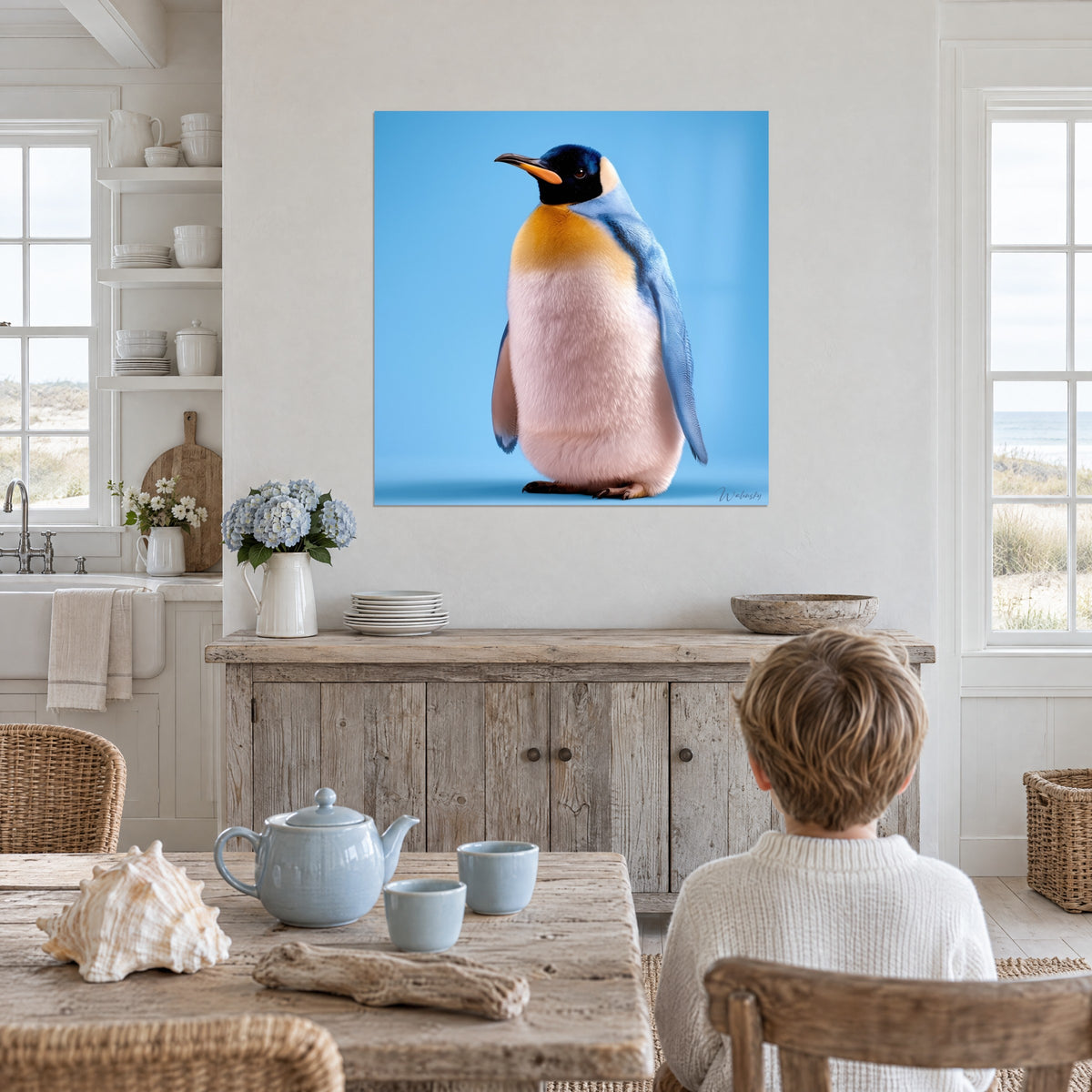 Tableau pingouin debout, plumage rose poudré et nuque bleue, tête noire tournée de profil, dans une cuisine de bord de mer