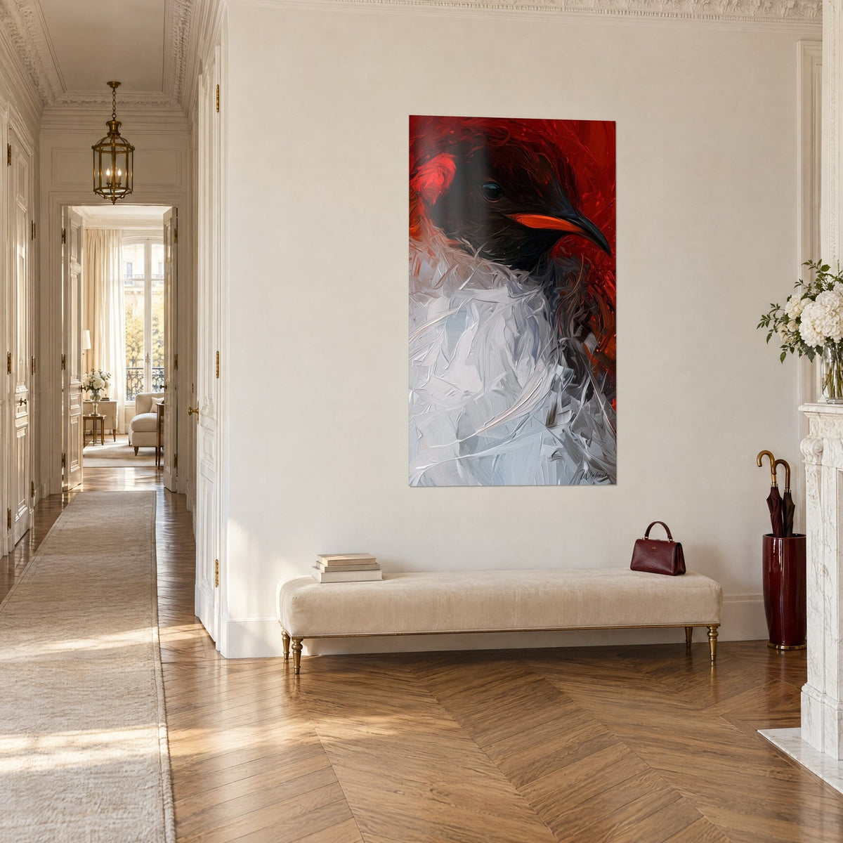Wall art seabird with a dark brown head, bright eye, scarlet background and silver breast, hung in a Haussmann-style hallway