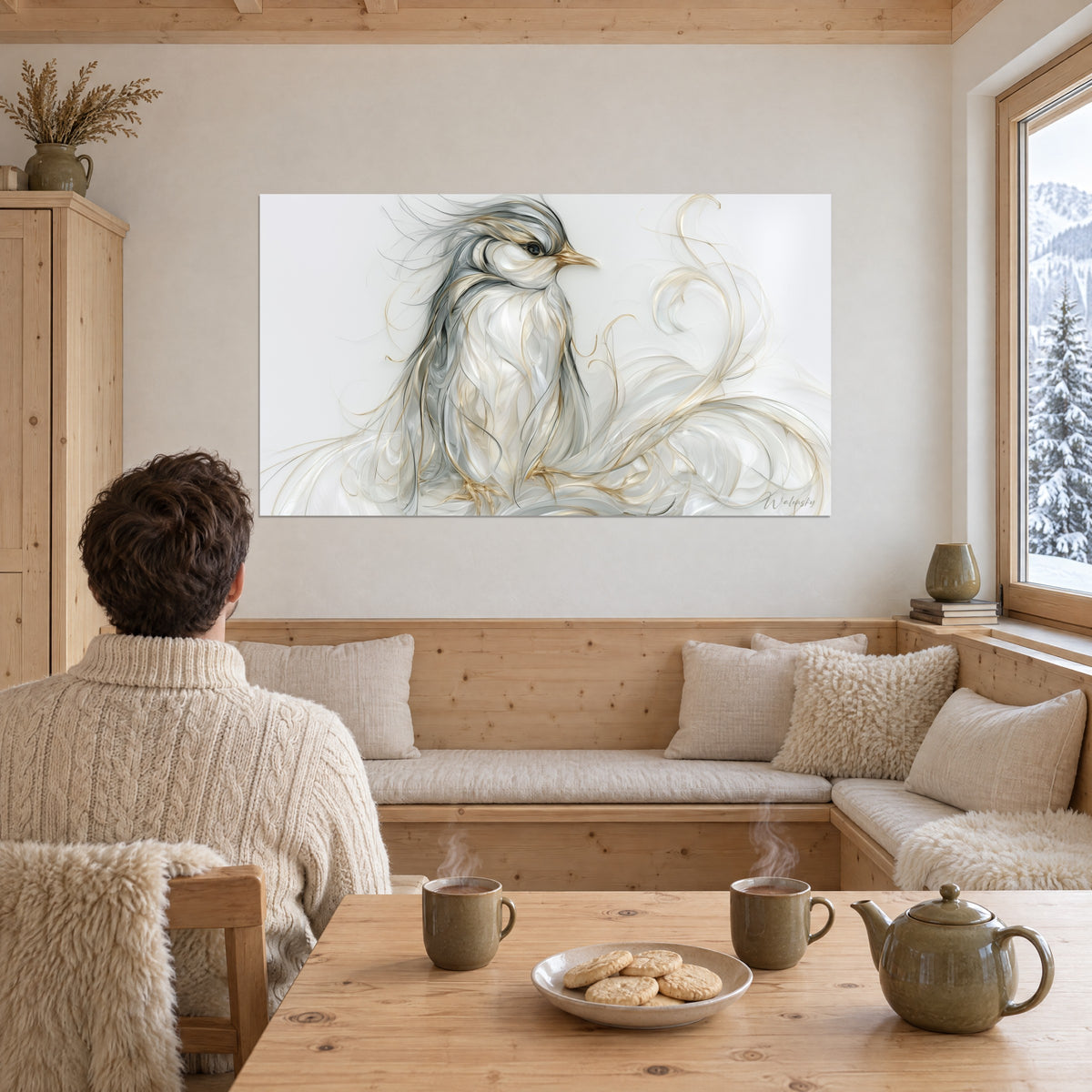 Tableau silhouette d'oiseau en traits dorés sur fond blanc, un homme en pull crème de dos, banquette en bois et fenêtre sur la neige