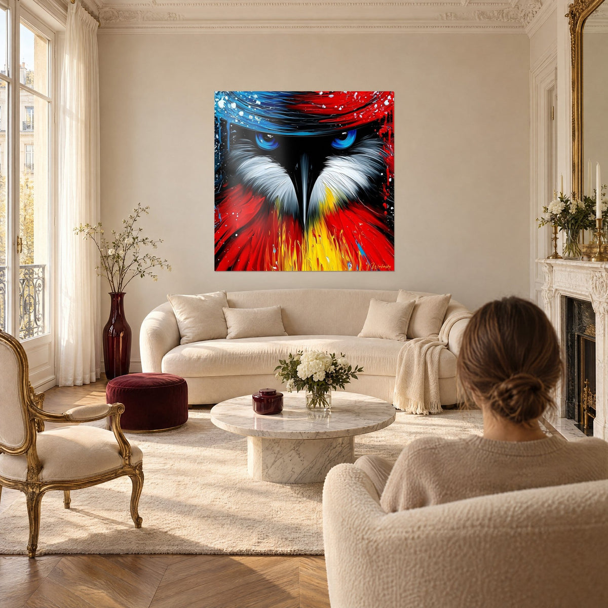 Tableau oiseau aux yeux bleu électrique, plumes blanches et rouge vif, coulures jaunes, au-dessus d'un canapé dans un salon lumineux