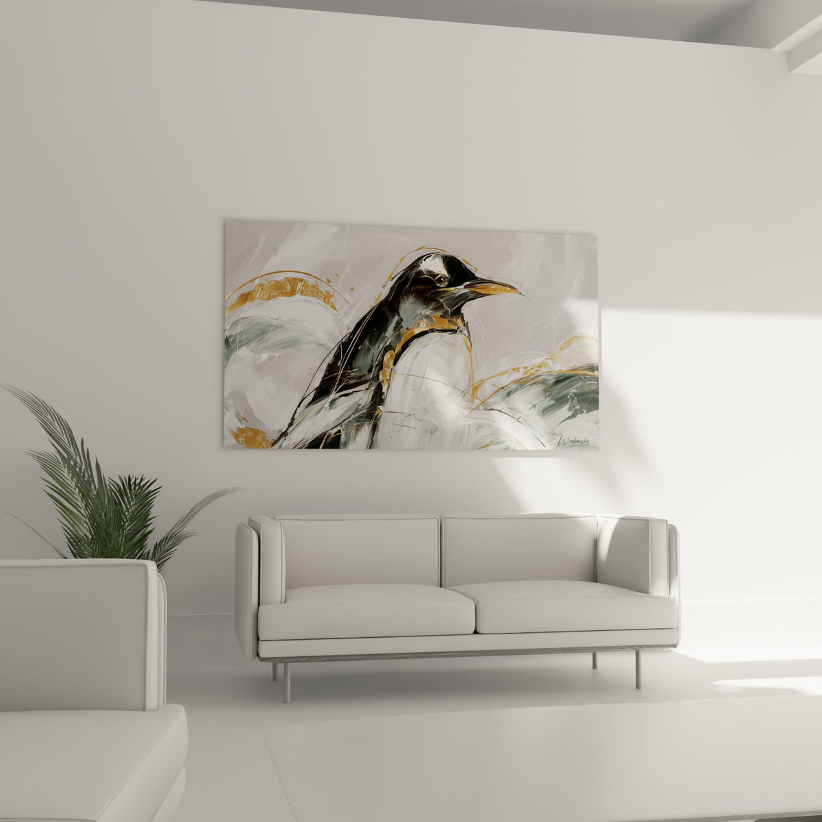 Poitrail blanc nacré du pingouin aux reflets dorés au-dessus d'un canapé dans un salon lumineux