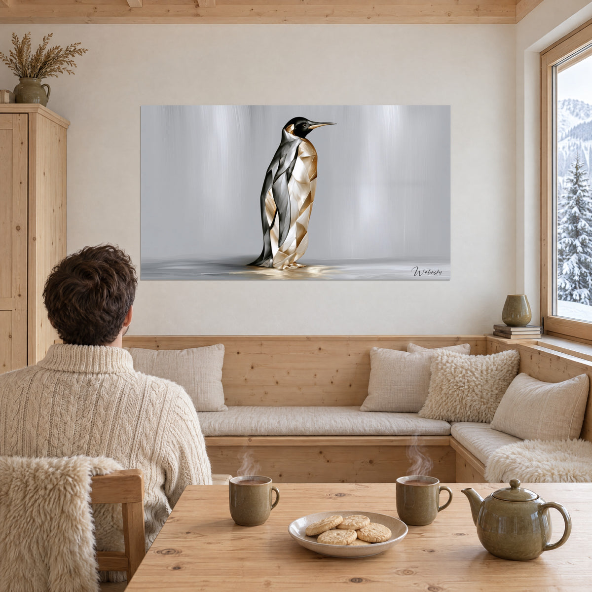 Tableau pingouin géométrique, poitrail doré et dos argenté sur fond gris vaporeux, face à un coin salon en bois blond près de la neige