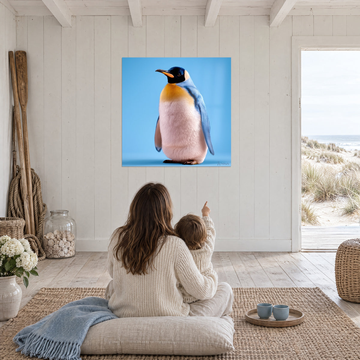 Tableau manchot paisible aux ailes bleutées et poitrail jaune orangé, au mur d'une pièce blanche ouverte sur les dunes