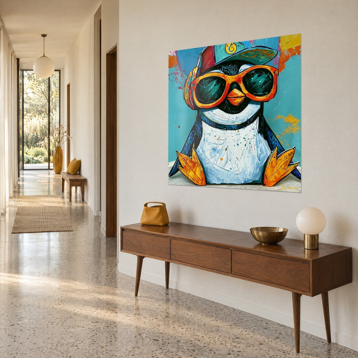 Tableau oiseau polaire cool aux grosses lunettes ambre et ailes jaunes, peinture épaisse bleu et blanc, au bout d'un couloir