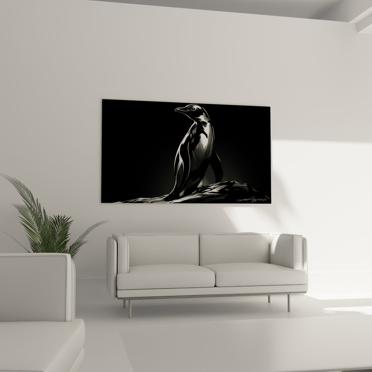 Profil de pingouin noir aux reflets blancs, allure graphique, au-dessus d'un canapé dans un salon lumineux