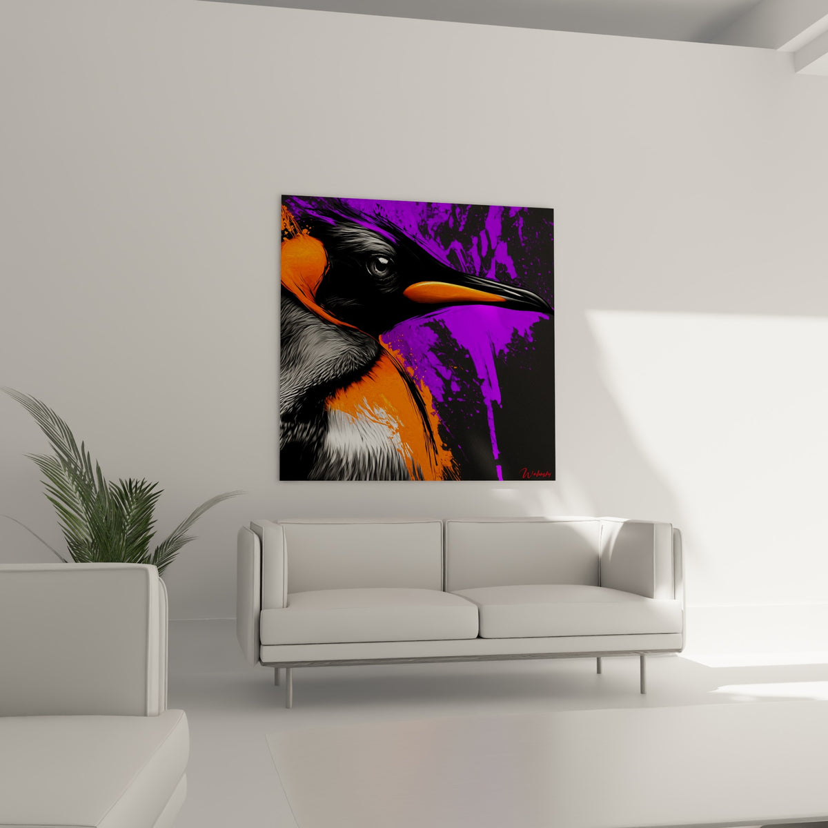 Profil de Pingouin noir et blanc avec bec orange et coulures violettes au-dessus d'un canapé dans un salon lumineux