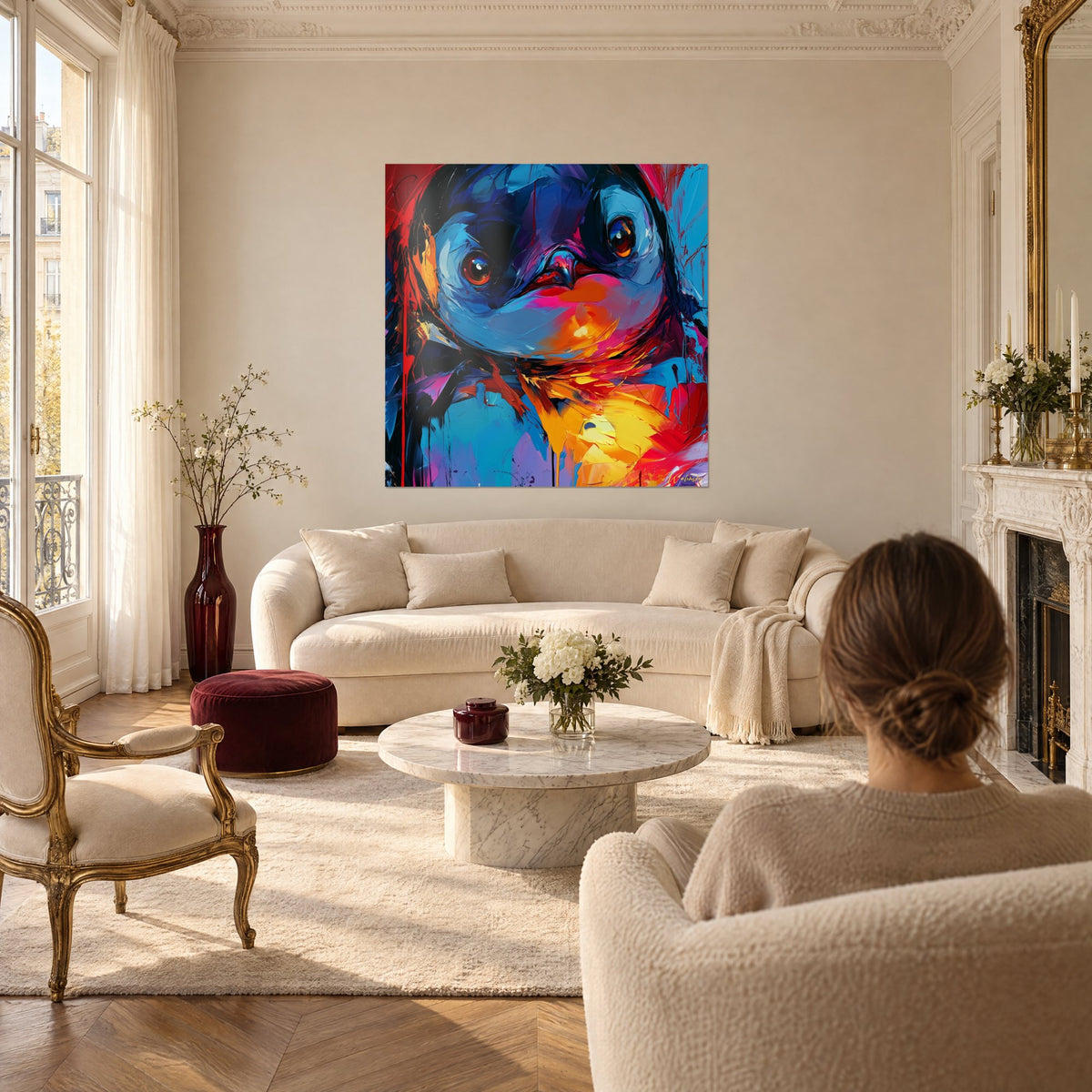 Schilderij pinguïn met barnsteenkleurige ogen, roze-oranje snavel op nachtblauw verenkleed, boven een bank in een lichte woonkamer