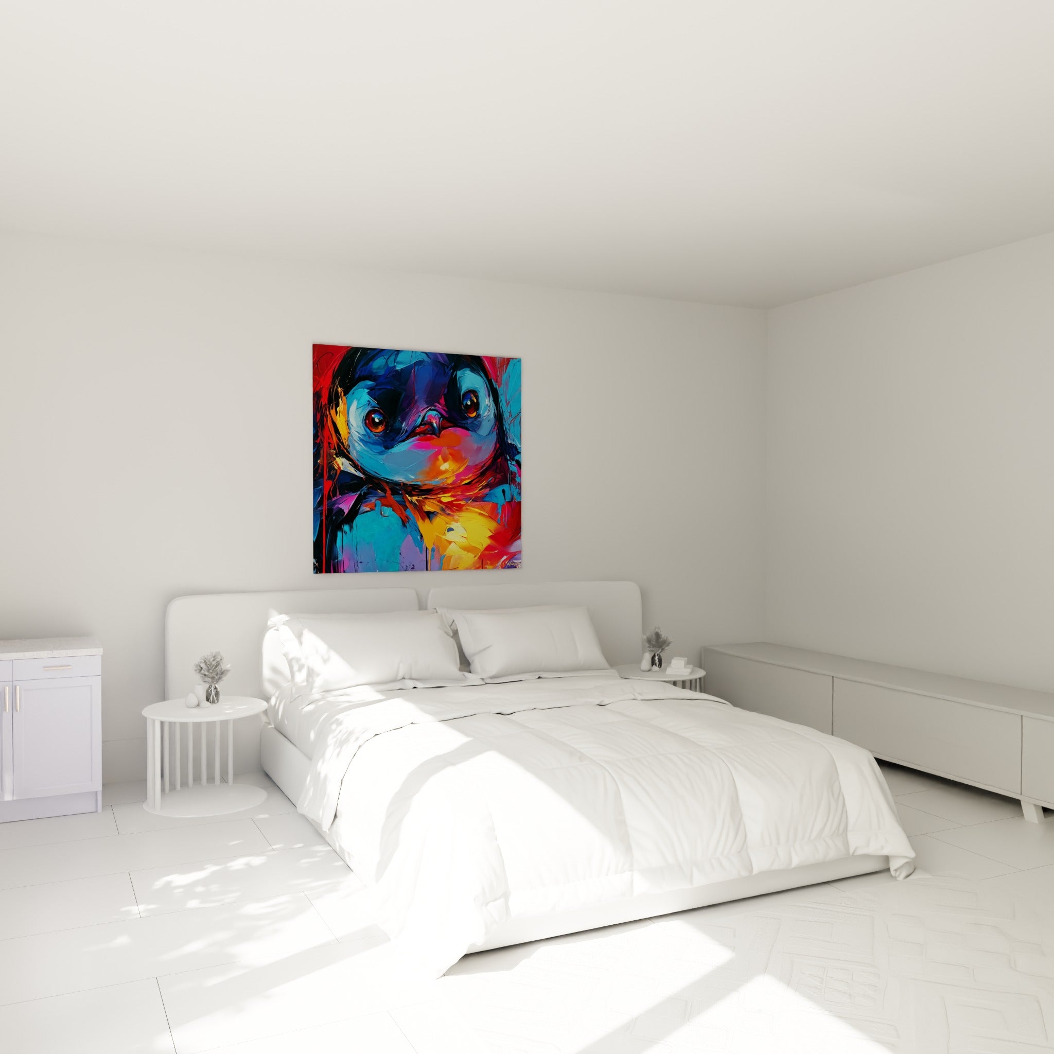 Yeux perçants d'un pingouin bleu et orange accroché au-dessus d'un lit dans une chambre claire