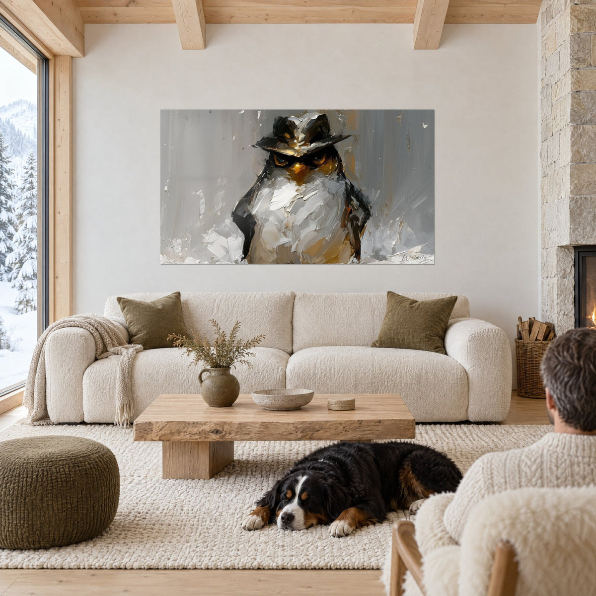 Tableau pingouin malfrat au chapeau noir et doré, plumage blanc et gris, bec orangé, au-dessus d'un canapé dans un salon lumineux
