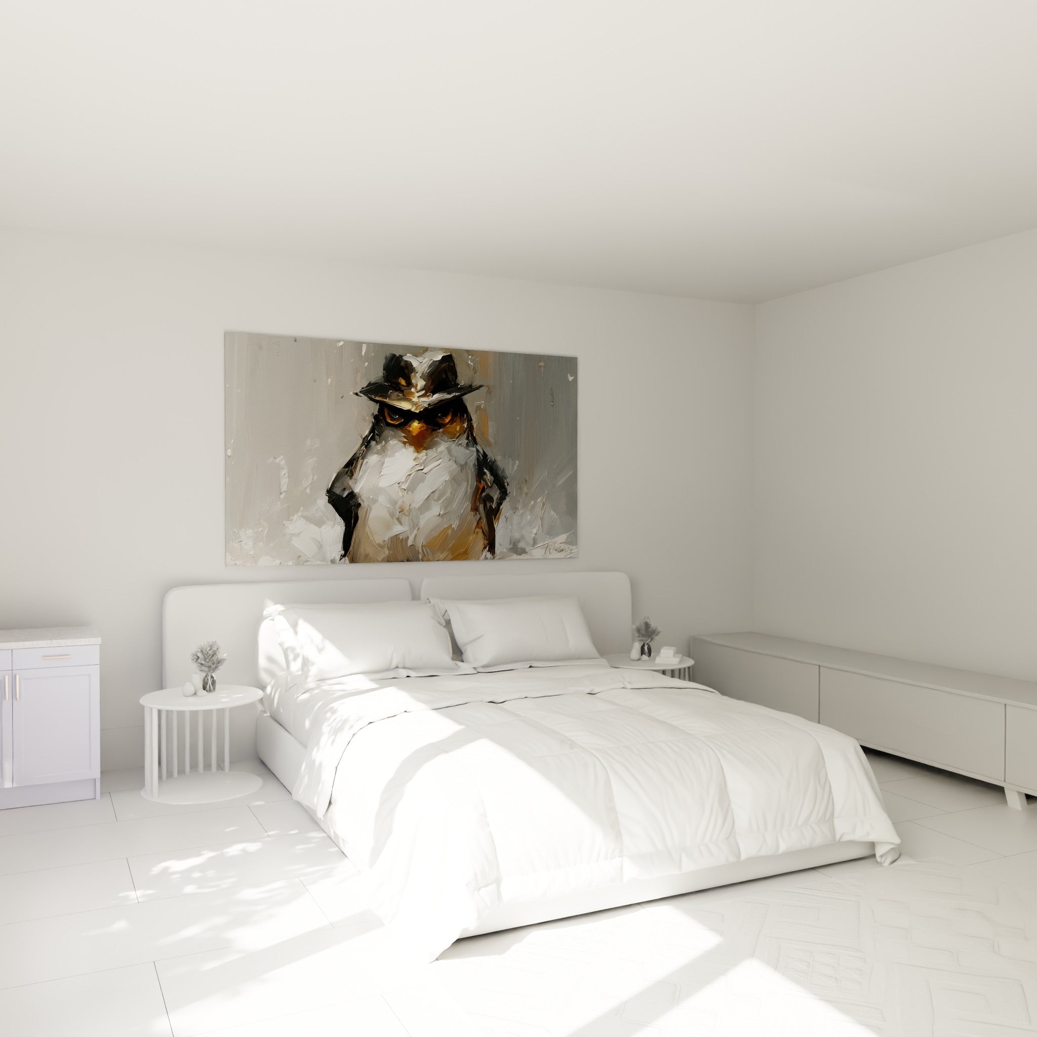 Silhouette de pingouin coiffée d'un chapeau sombre, tons dorés et blancs, au-dessus d'un lit dans une chambre claire