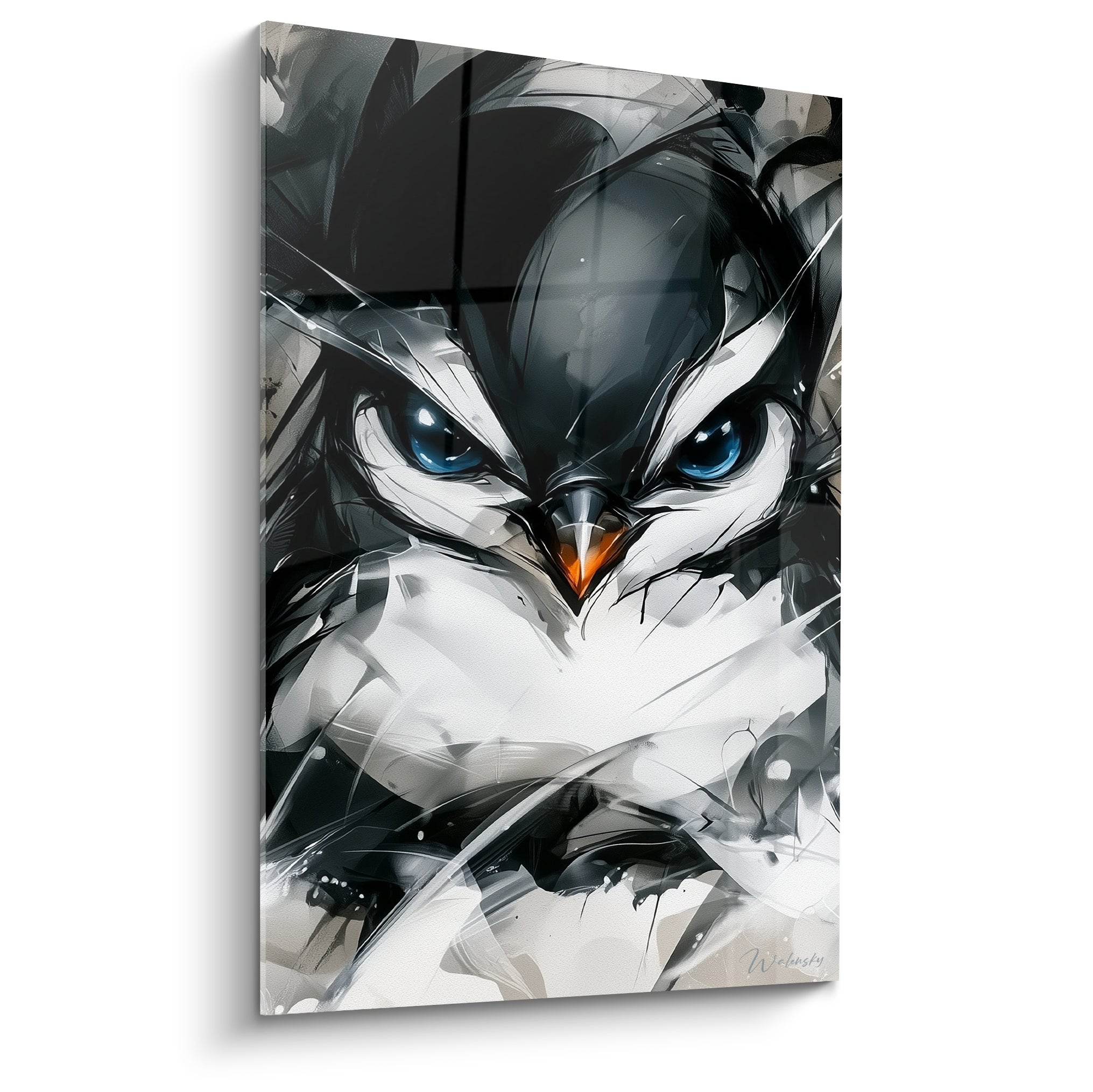 Pingouin aux yeux bleu perçant et bec orangé, traits noirs et blancs gestuels sur toute la toile