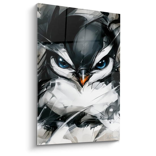 Tableau Pingouin noir et blanc aux traits déchirés - Regard perçant intense - Edition Pingouin